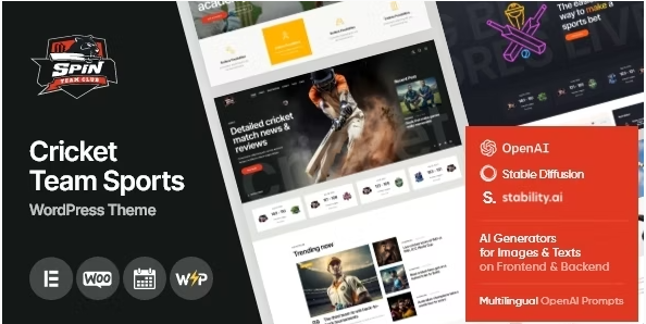 Spin - Cricket Team Sports WordPress Theme + AI